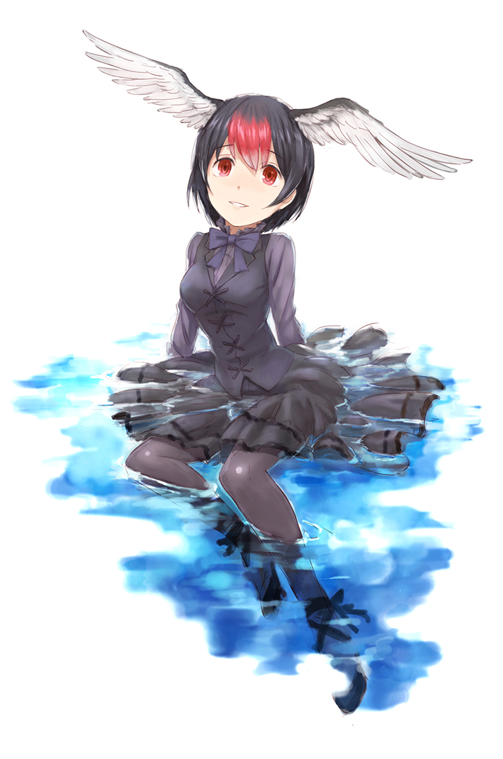 10s 1girl black_hair black_swan_(kemono_friends) bow bowtie feathered_wings female_focus kemono_friends miniskirt multicolored_hair pantyhose red_eyes red_hair shigumo_(shigeru) sitting skirt solo teeth two-tone_hair water white_background wings