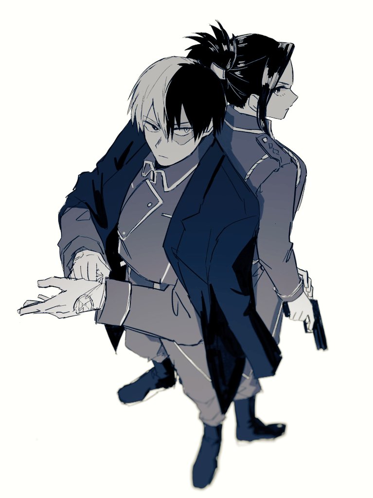 10s 1boy 1girl amestris_military_uniform back-to-back boku_no_hero_academia burn_scar commentary_request cosplay gloves gun handgun honwaka_zz jacket jacket_on_shoulders magic_circle monochrome multicolored_hair pistol riza_hawkeye riza_hawkeye_(cosplay) roy_mustang roy_mustang_(cosplay) scar scar_on_face short_hair todoroki_shouto two-tone_hair weapon yaoyorozu_momo