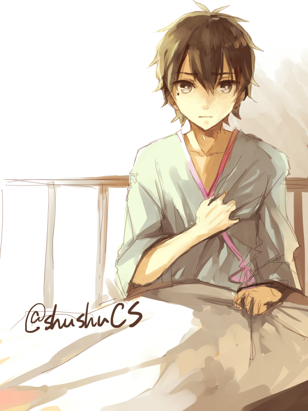 1boy :| bed black_eyes black_hair blanket bright_pupils closed_mouth collarbone commentary_request crimsonseed double-parted_bangs expressionless grey_background grey_eyes hair_between_eyes hand_on_own_chest hospital_bed hospital_gown kagerou_project kokonose_haruka long_bangs looking_at_viewer male_focus mole mole_under_eye on_bed short_hair sitting sketch three-quarter_sleeves solo straight-on upper_body white_background white_pupils wide_sleeves