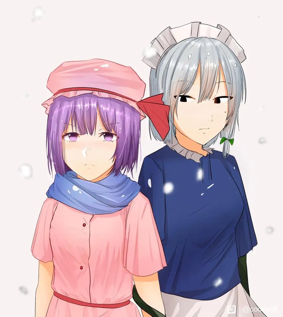 2girls black_eyes blue_scarf blue_shirt bow chinese_commentary closed_mouth commentary_request cookie_(touhou) dress expressionless grey_hair hat hat_bow hisaka_(cookie) izayoi_sakuya looking_at_another looking_at_viewer looking_to_the_side maid_headdress mob_cap mole mole_under_eye multiple_girls pink_dress pink_hat purple_eyes purple_hair red_bow remilia_scarlet savlietion_yuki scarf shirt short_hair short_sleeves snowing tentacle_arm touhou upper_body white_background