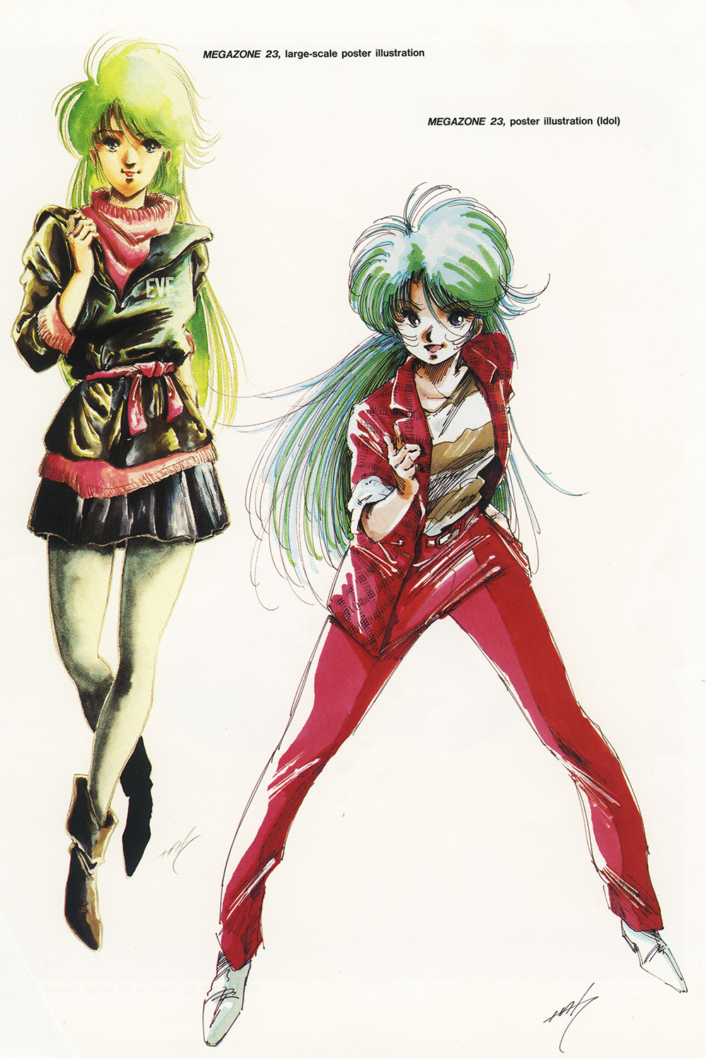 1980s_(style) 1girl belt boots comparison dress dual_persona english_text green_hair highres ink_(medium) jacket long_hair magazine_scan megazone_23 mikimoto_haruhiko official_art oldschool painting_(medium) production_art prototype_design red_scarf retro_artstyle scan scarf signature sketch tokimatsuri_eve traditional_media