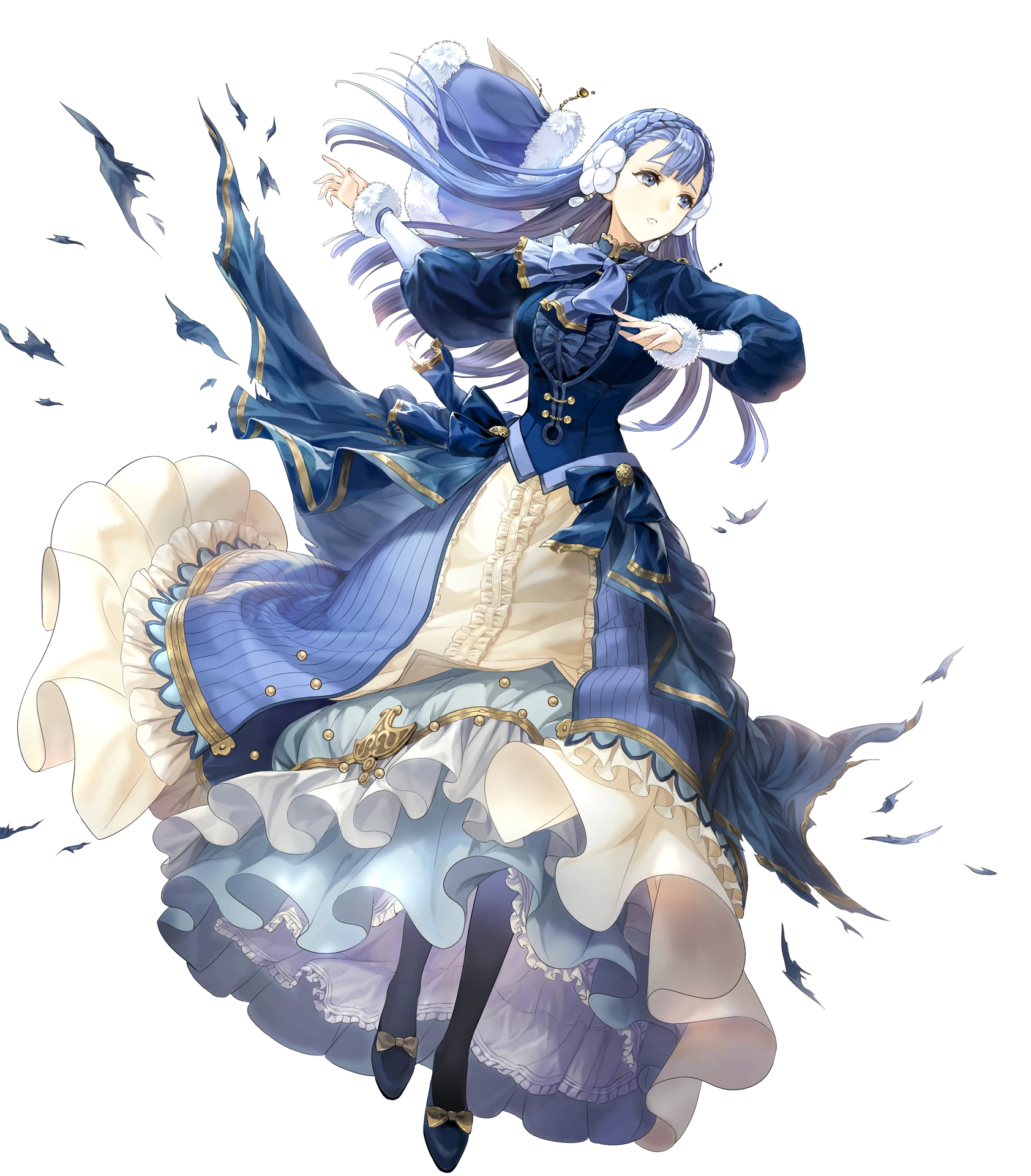 1girl blue_dress blue_eyes blue_hair bow bowtie braid breasts cape capelet dress earrings female_focus fire_emblem fire_emblem_echoes:_shadows_of_valentia fire_emblem_heroes full_body fur_trim hair_ornament highres jewelry long_hair long_sleeves matching_hair/eyes medium_breasts nintendo non-web_source official_art pantyhose rinea_(fire_emblem) rinea_(soiree)_(fire_emblem) solo torn_clothes torn_dress transparent_background