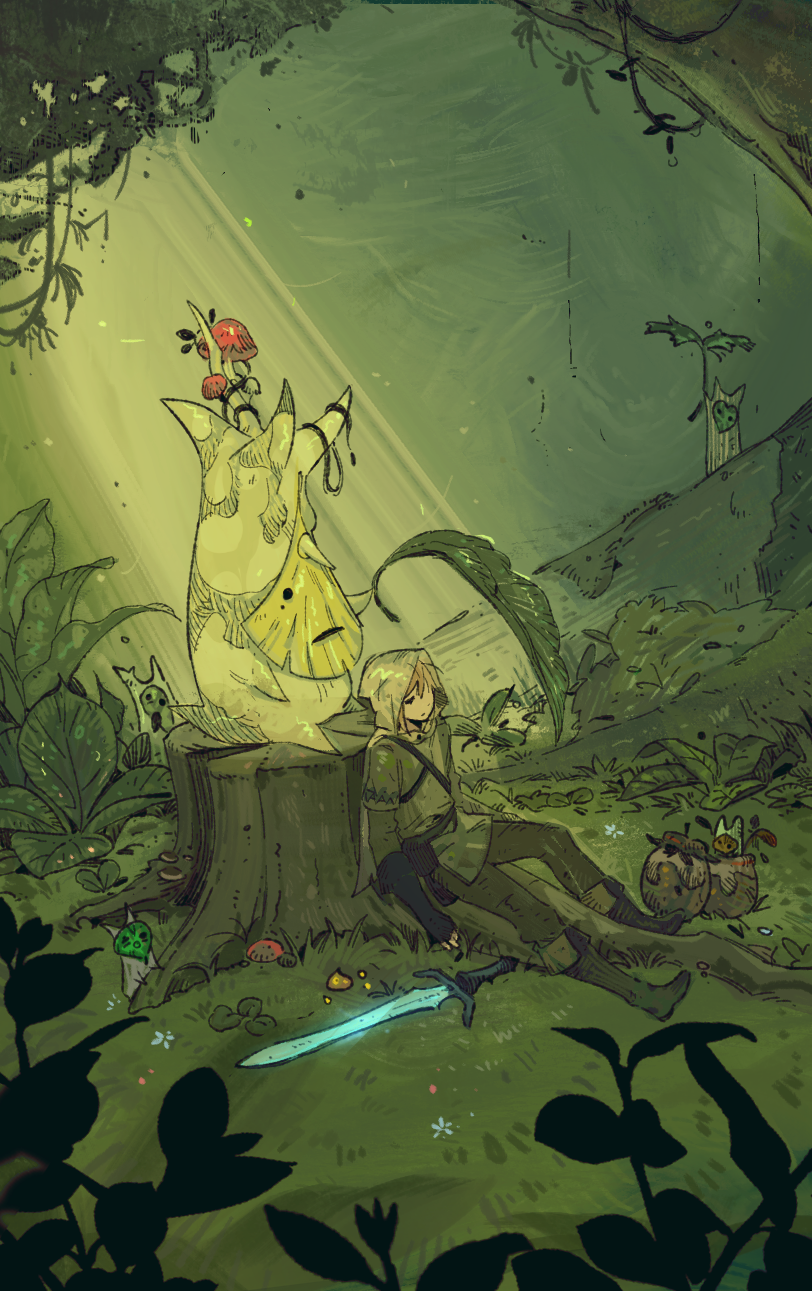 boots dappled_sunlight forest grass green_theme highres holding holding_leaf knee_boots korok leaf leaf_umbrella link long_sleeves master_sword mushroom nature nintendo plant resting scenery sitting so_o2 sunlight the_legend_of_zelda the_legend_of_zelda:_breath_of_the_wild tree tree_stump