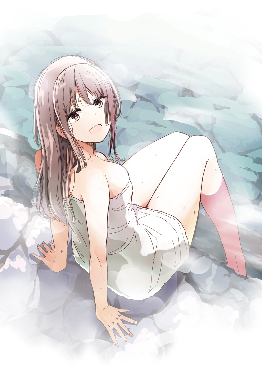 1girl :d alternate_hairstyle arm_support bare_shoulders barefoot bath bathing breasts brown_eyes brown_hair cleavage commentary_request hair_between_eyes harukana_receive highres large_breasts long_hair looking_at_viewer naked_towel nyoijizai onsen oozora_haruka_(harukana_receive) open_mouth outdoors partially_submerged rock sidelocks sitting smile soaking_feet solo steam thighs towel water wet