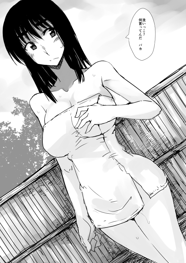 00s 1girl bare_shoulders blush breasts collarbone cosaten covered_erect_nipples embarrassed female_focus greyscale looking_to_the_side monochrome onsen school_rumble skindentation solo standing suou_mikoto_(school_rumble) sweat towel translation_request tree