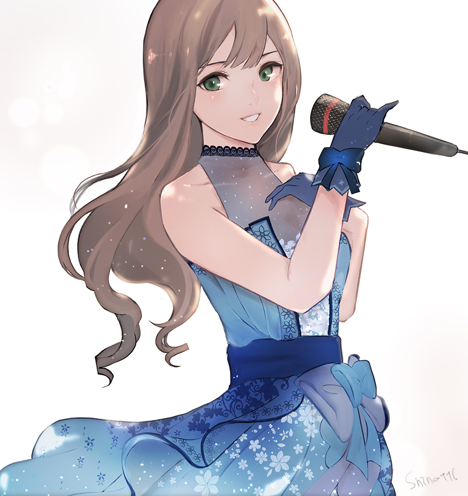 1girl alternate_hair_color artist_name bad_id bad_pixiv_id bare_arms bare_shoulders blue_bow blue_dress blue_gloves blunt_bangs blush bodice bow brown_hair dress female_focus floral_print glove_bow gloves green_eyes hand_on_own_chest holding holding_microphone idolmaster idolmaster_cinderella_girls idolmaster_cinderella_girls_starlight_stage looking_at_viewer microphone parted_lips sash shibuya_rin shino_(mufn5785) sleeveless sleeveless_dress solo sparkle upper_body wavy_hair