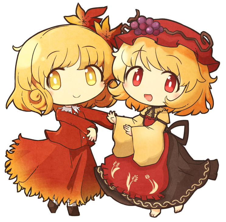 2girls aki_minoriko aki_shizuha akihiyo apron barefoot black_skirt blonde_hair blouse blush bobby_socks bright_pupils brown_footwear chibi commentary food food-themed_clothes fruit grapes hair_ornament hat leaf_hair_ornament long_sleeves looking_at_viewer mob_cap multiple_girls open_mouth outstretched_arms red_apron red_eyes red_headwear red_shirt red_skirt shirt short_hair siblings simple_background sisters skirt smile socks standing touhou transparent_background white_background white_legwear white_pupils wide_sleeves yellow_eyes yellow_shirt