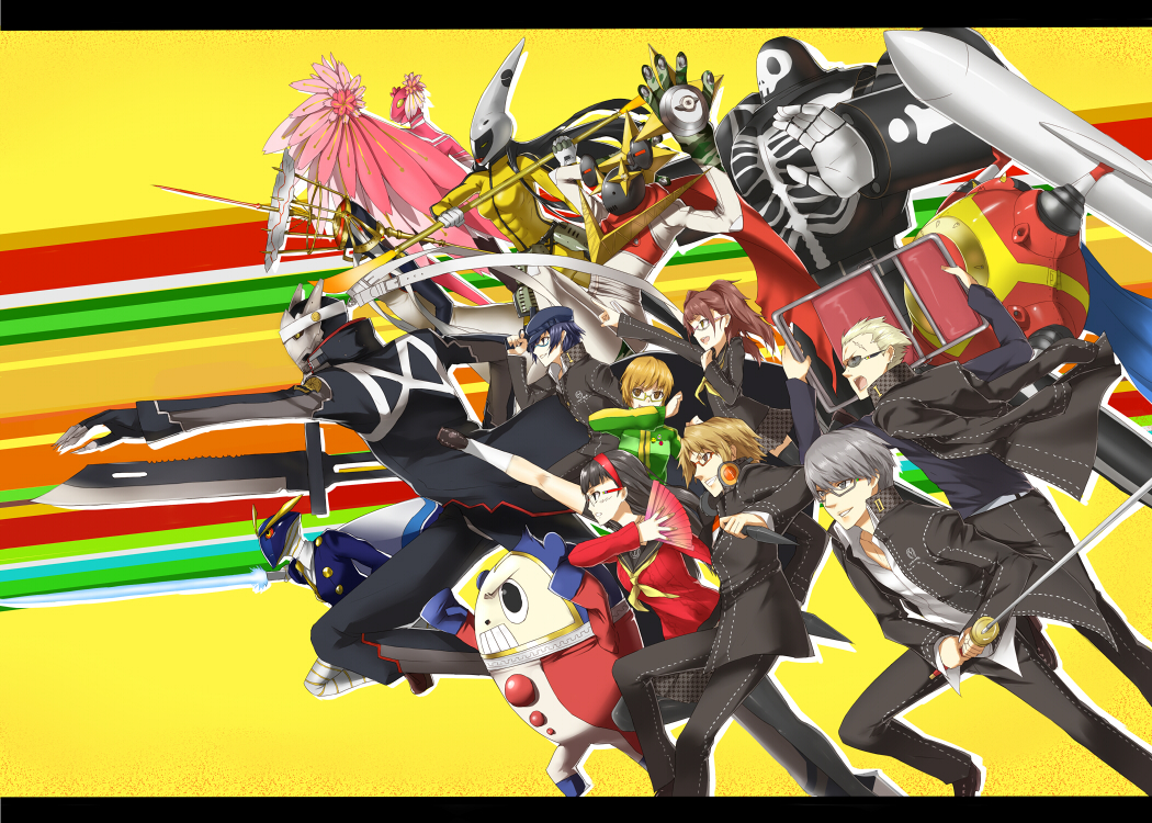 3boys 4girls amagi_yukiko atlus bad_id bad_pixiv_id black_hair blonde_hair blue_hair cabbie_hat chair everyone folding_chair folding_fan glasses grey_hair gun hairband hanamura_yousuke hand_fan handgun hat heirou himiko_(persona_4) izanagi_(persona_4) jiraiya_(persona_4) katana kintoki-douji konohana_sakuya_(persona) kujikawa_rise kuma_(persona_4) kunai letterboxed long_hair multiple_boys multiple_girls narukami_yu persona persona_4 pointing satonaka_chie school_uniform shirogane_naoto short_hair sukuna_hikona sunglasses sword take-mikazuchi tatsumi_kanji tomoe_(persona_4) weapon