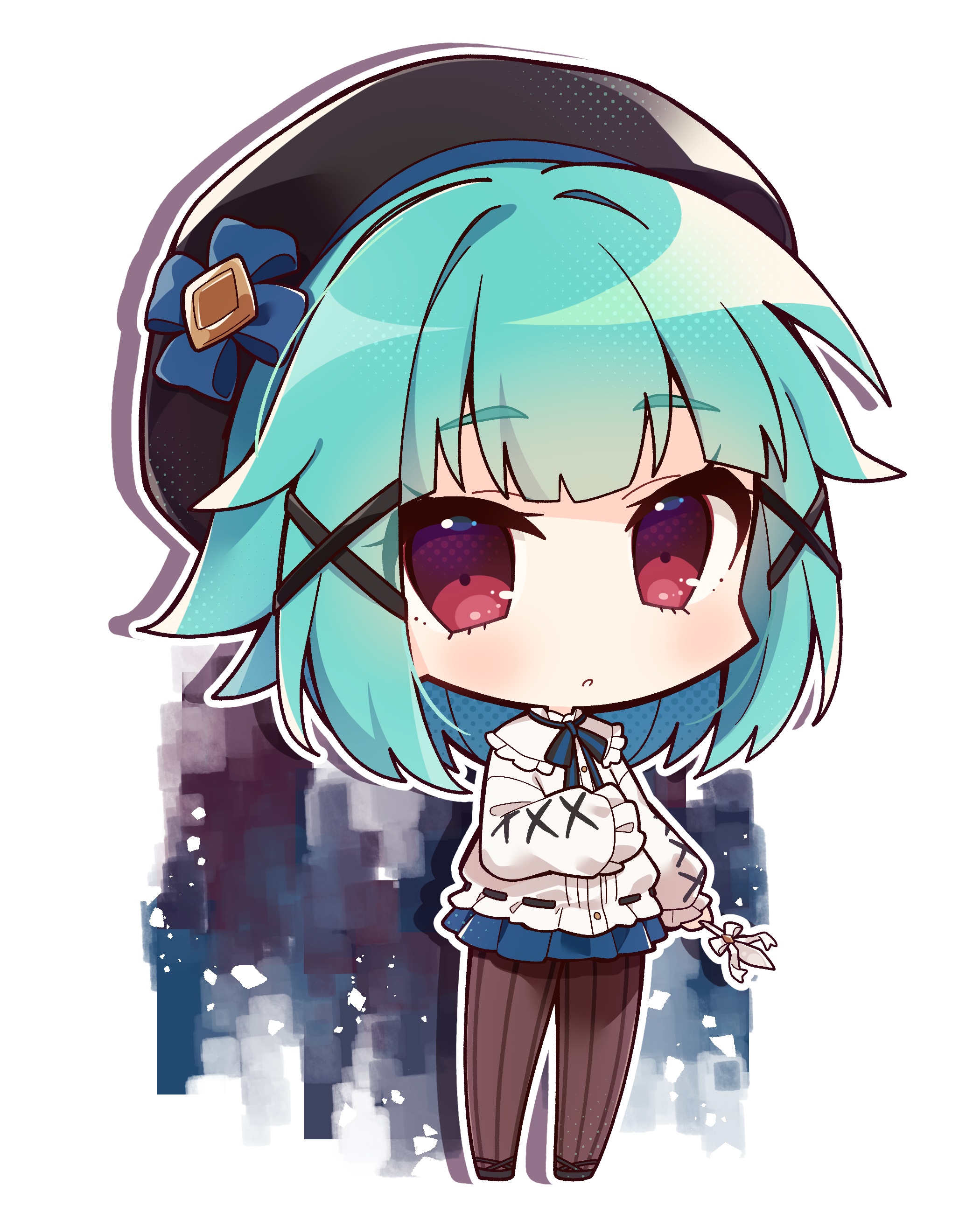 1girl absurdres aqua_hair beret black_footwear black_hat black_pantyhose black_ribbon blue_ribbon blunt_bangs capelet chibi frilled_capelet frilled_sleeves frills full_body girls_creation hair_ornament hand_on_own_stomach hat hat_ornament highres holding looking_at_viewer messy_hair misosiru_0224 neck_ribbon pantyhose pleated_skirt puffy_sleeves rembrandt_(girls_creation) ribbon ribbon-trimmed_sweater short_hair simple_background skirt solo standing sweater two-tone_ribbon white_background x_hair_ornament