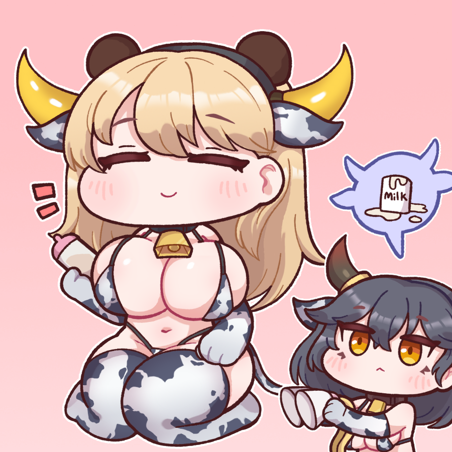 2girls :&lt; ajax_(last_origin) animal_ears animal_print bear_ears bell bikini blonde_hair blush breasts bulga chibi cleavage closed_eyes cow_print cow_tail cowbell extra_ears fake_animal_ears fake_horns frigga_(last_origin) hair_between_eyes horns large_breasts last_origin multiple_girls navel neck_bell pink_background simple_background smile swimsuit tail thighhighs