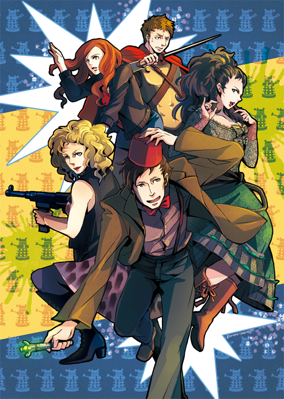 2boys 3girls amy_pond armor boots bow bowtie dalek doctor_who dress eleventh_doctor eleventh_doctor_(doctor_who) fez_hat gun idris jacket kurieto kurieto_(gtchuang) mp_40 multiple_boys multiple_girls river_song rory_williams shirt skirt sonic_screwdriver submachine_gun suspenders sword the_doctor the_doctor_(doctor_who) weapon