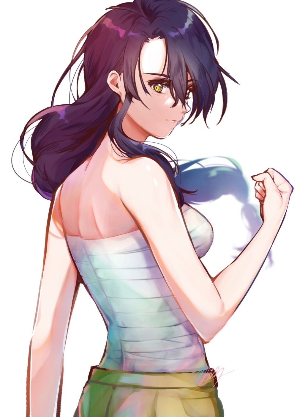 1girl bare_shoulders breasts clenched_hand from_behind fumetsu_no_anata_e hair_between_eyes hand_up highres mar0maru medium_breasts parona sarashi shadow shoulder_blades signature simple_background solo upper_body white_background yellow_eyes