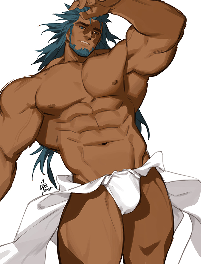 1boy abs armpits artist_name bara beard bulge dark-skinned_male dark_skin facial_hair gomtang green_eyes green_hair large_pectorals long_hair looking_at_viewer male_focus male_underwear manly mature_male muscular muscular_arms muscular_legs muscular_male navel nipples no_pants original pectorals signature solo spiked_hair teeth thick_eyebrows thighs topless_male underwear veins veiny_arms