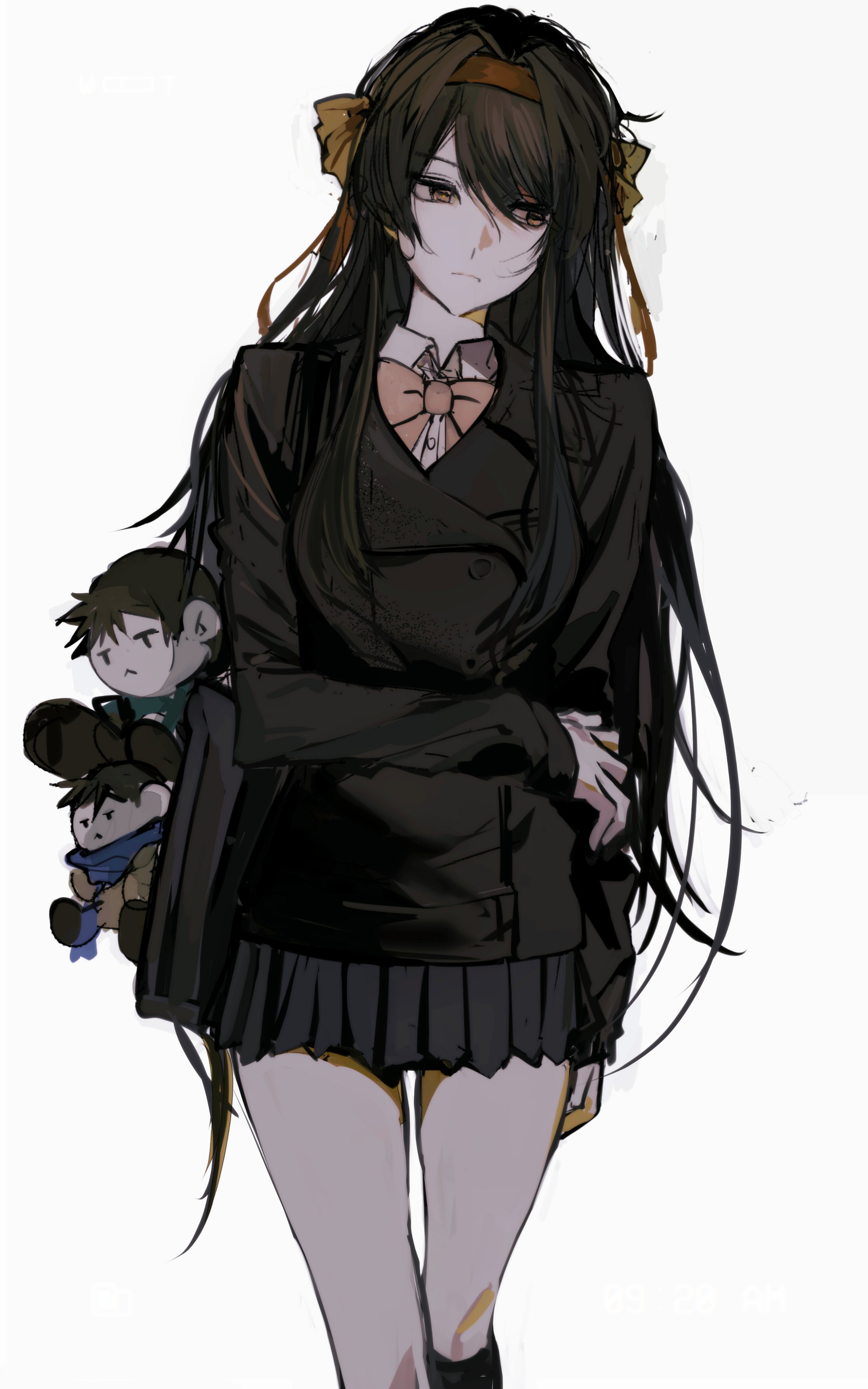 1girl absurdres black_coat black_skirt black_socks bow bowtie brown_eyes brown_hair character_doll closed_mouth coat collared_shirt commentary_request doll hair_ribbon hairband highres kneehighs kouyouen_academy_school_uniform kyon long_hair long_sleeves mkmwyydlp official_alternate_costume official_alternate_hair_length official_alternate_hairstyle orange_bow orange_bowtie ribbon school_uniform shirt simple_background skirt socks solo standing suzumiya_haruhi suzumiya_haruhi_no_shoushitsu suzumiya_haruhi_no_yuuutsu white_background white_shirt winter_uniform yellow_ribbon