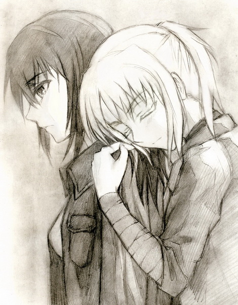 2girls 428 428:_fuusa_sareta_shibuya_de alphard_(canaan) bad_id bad_pixiv_id black_hair canaan_(character) canaan_(series) chunsoft closed_eyes hug hug_from_behind jacket kisetsu long_hair monochrome multiple_girls ponytail sepia short_hair traditional_media white_hair yuri
