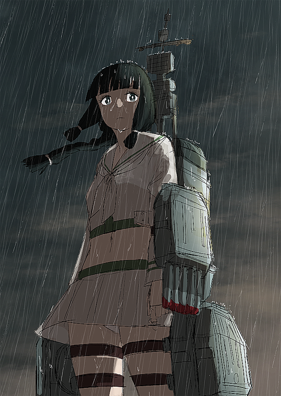 1girl black_hair blunt_bangs braid breasts closed_mouth cloud cloudy_sky crop_top kantai_collection kitakami_(kancolle) kitakami_kai_ni_(kancolle) long_hair long_sleeves looking_at_viewer medium_breasts miniskirt navel neckerchief outdoors panties pantyshot pleated_skirt rain sailor_collar school_uniform serafuku sidelocks single_braid skirt sky solo thigh_strap underwear wet wet_hair white_panties yue_(tada_no_saboten)