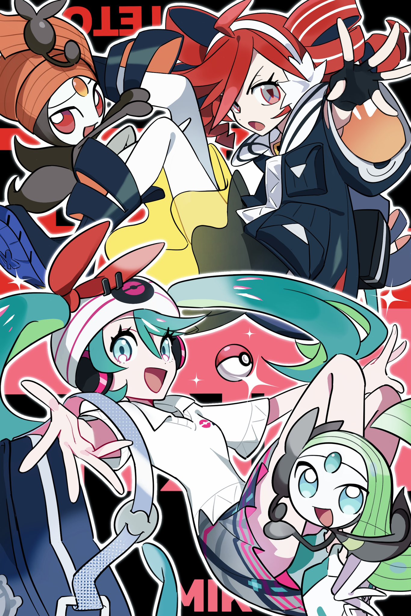 2girls ahoge aqua_hair ashinames beanie black_boots black_gloves black_jacket blue_eyes boots bow collared_shirt drill_hair fingerless_gloves floating gen_5_pokemon gloves grey_eyes grey_skirt hair_between_eyes hair_bow hair_over_one_eye hat hatsune_miku headphones highres jacket kasane_teto knee_boots legendary_pokemon long_hair long_sleeves meloetta meloetta_(aria) meloetta_(pirouette) miniskirt multiple_girls mythical_pokemon nintendo offering_hand open_mouth pantyhose poke_ball pokemon pokemon_(creature) project_voltage psychic_miku_(project_voltage) reaching reaching_towards_viewer red_bow red_hair rival_teto_(project_voltage) see-through_clothes see-through_skirt shirt short_sleeves sideways_glance skirt symbol-shaped_pupils triangle-shaped_pupils twin_drills twintails utau vocaloid white_hair white_pantyhose white_shirt wing_collar