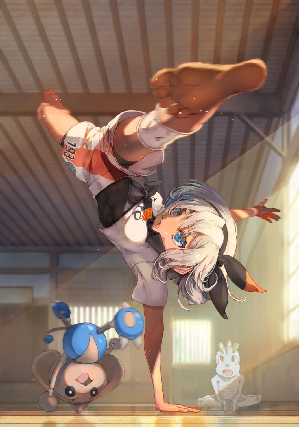 1girl abs barefoot bea_(pokemon) black_bodysuit black_hairband blue_eyes bodysuit bodysuit_under_clothes bow_hairband breakdance collared_shirt dark-skinned_female dark_skin dojo feet foot_focus foreshortening gen_1_pokemon gen_2_pokemon gloves grey_hair hair_between_eyes hairband handstand highres hitmontop kicking machop nintendo one_arm_handstand partially_fingerless_gloves pokemon pokemon_swsh print_shirt print_shorts shirt shjjy296 short_hair short_sleeves shorts side_slit side_slit_shorts single_glove soles solo sweat tan toes