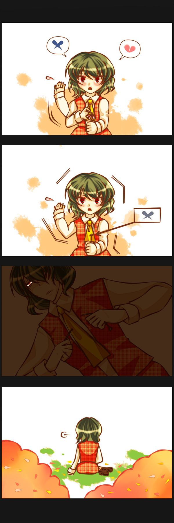 4koma ascot blush comic dark discharge_cycle female_focus flower from_behind gloom_(expression) green_hair hair_over_one_eye heart highres holding holding_flower kazami_yuuka lonely long_image petals plaid_clothes plaid_skirt plaid_vest plucking_petals red_eyes short_hair sigh silent_comic sitting skirt skirt_set tall_image tobi_(discharge_cycle) touhou unmoving_pattern vest