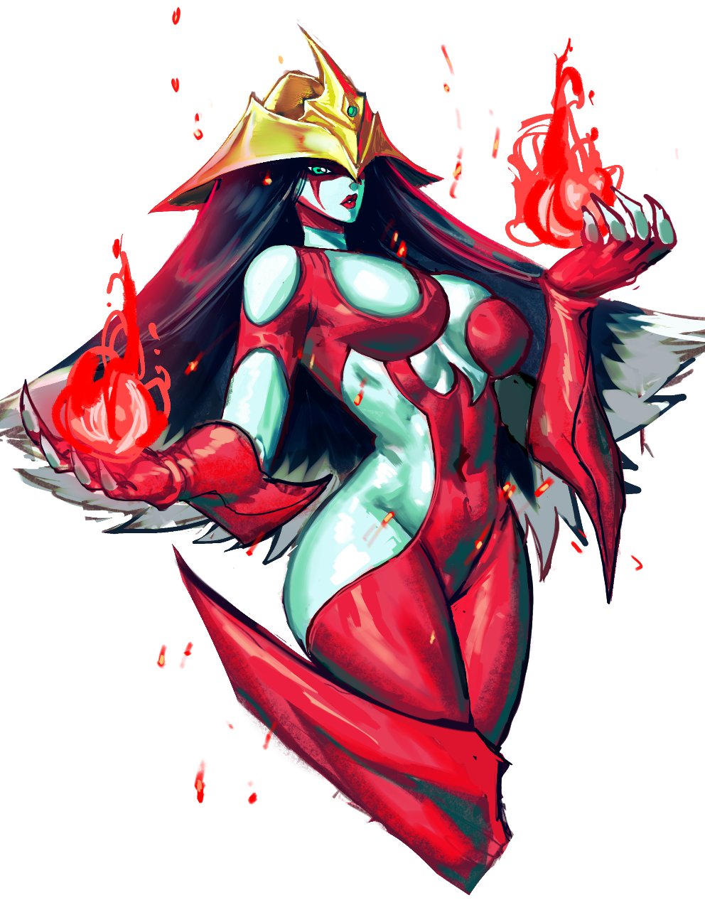 1girl 2024 aqua_eyes arms_up bare_shoulders black_hair blue_skin bodysuit breasts cleavage colored_skin commentary covered_navel cowboy_shot duel_monster elemental_hero_burstinatrix english_commentary facial_mark female_focus fingerless_gloves fire floating gauntlets gem gloves gold green_eyes green_gemstone groin_tendon headpiece highres large_breasts long_hair looking_at_viewer multicolored_hair open_clothes parted_lips pyrokinesis red_lips revealing_clothes sheeeep0617 side_slit skin_tight solo straight_hair streaked_hair very_long_hair yu-gi-oh! yu-gi-oh!_gx