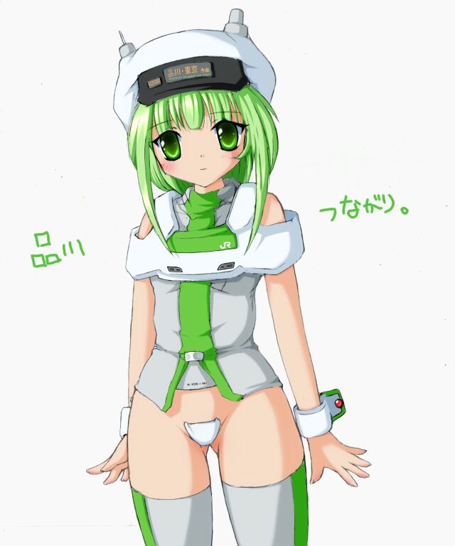 1girl 2000s_(style) archived_source arms_at_sides ashita_yaru closed_mouth commentary_request crotch_plate east_japan_railway_company green_eyes green_shirt green_thighhighs grey_shirt grey_thighhighs hat japan_railways legs_apart light_green_hair long_hair looking_at_viewer original personification shirt short_hair_with_long_locks simple_background sleeveless sleeveless_shirt smile solo standing thighhighs train translation_request two-tone_legwear two-tone_shirt two-tone_thighhighs white_background white_hat white_wrist_cuffs wrist_cuffs