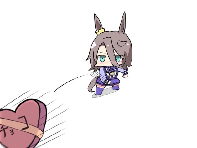 1girl animal_ears blue_eyes blush bow box brown_hair chibi hair_between_eyes heart-shaped_box horse_ears horse_girl horse_tail kawamochi_(kawauti919) long_sleeves motion_lines narita_taishin_(umamusume) no_shoes nose_blush pleated_skirt puffy_long_sleeves puffy_sleeves purple_shirt purple_skirt purple_thighhighs school_uniform shadow shirt simple_background skirt solo speed_lines standing tail thighhighs throwing tracen_school_uniform translated umamusume v-shaped_eyebrows white_background white_bow