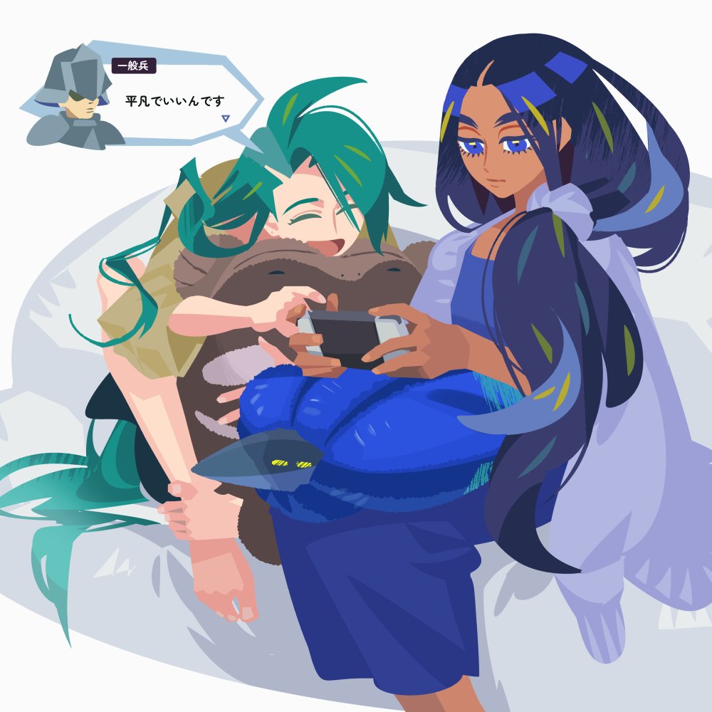 2girls ^_^ alternate_costume armor barefoot black_hair blue_dress blue_eyes brown_shirt chair clodsire closed_eyes colored_eyelashes couch dark-skinned_female dark_skin dress expressionless eyelashes feet feet_on_chair geeta_(pokemon) glimmora green_hair hair_ornament hair_scrunchie hair_undone hand_rest handheld_game_console helmet holding holding_handheld_game_console holding_stuffed_toy logi_bunbukucha long_hair low_ponytail multiple_girls nintendo nintendo_switch off-shoulder_cardigan off_shoulder on_couch open_mouth pointing pokemon pokemon_sv ponytail popped_collar purple_scrunchie rika_(pokemon) scrunchie shirt sitting smile speech_bubble stuffed_toy thick_eyebrows
