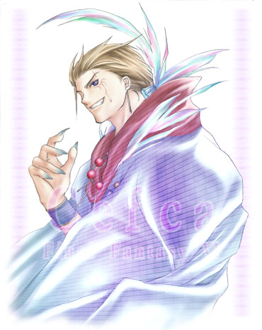 1boy bad_id bead_necklace beads blonde_hair blue_eyes blue_nails blue_robe cefca_palazzo character_name claws commentary_request copyright_name evil_grin evil_smile feather_hair_ornament feathers final_fantasy final_fantasy_vi grin hair_ornament hair_slicked_back hand_up jewelry lowres male_focus necklace rendezvous robe smile solo upper_body wristband