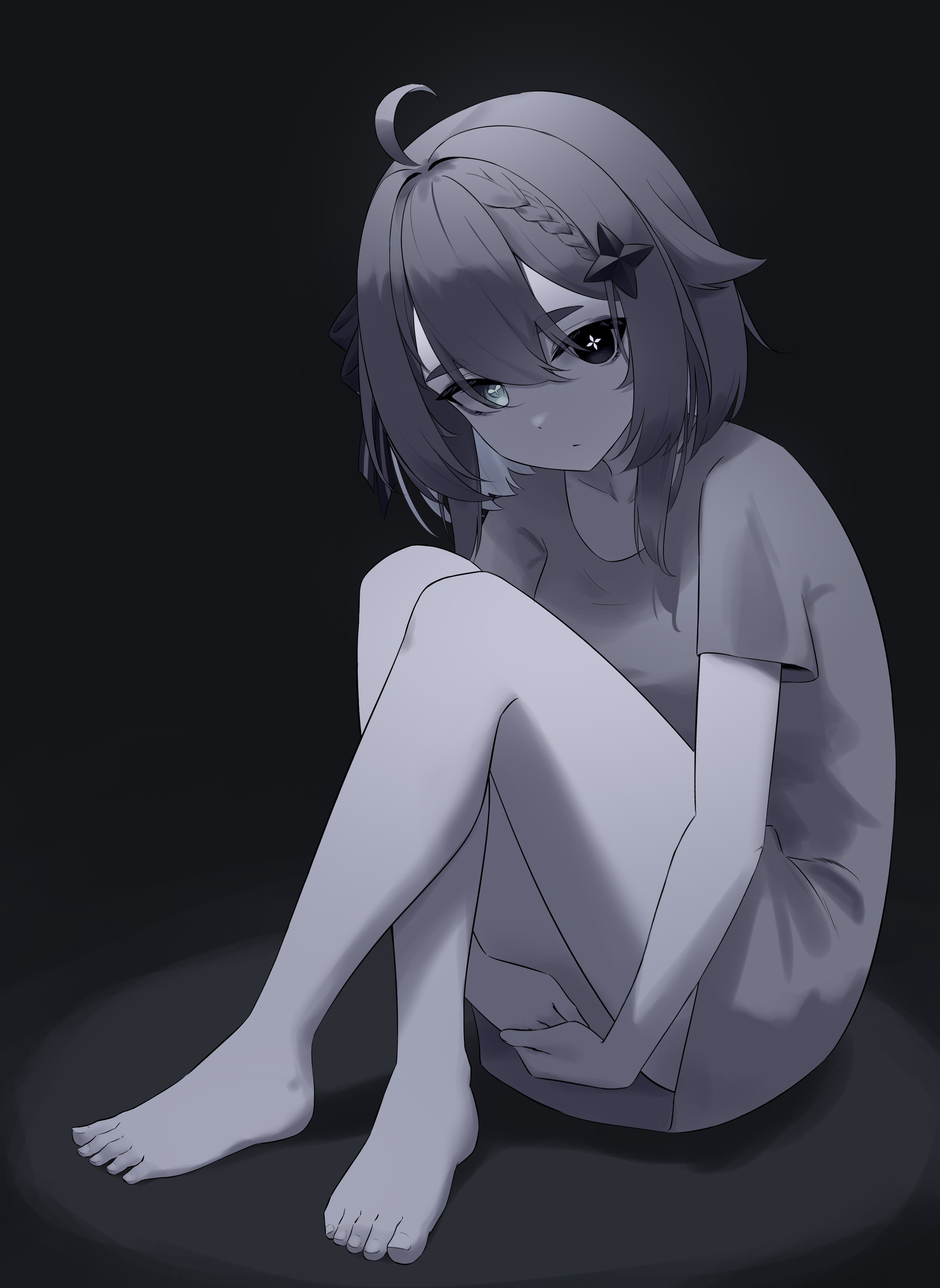 1girl absurdres ahoge bare_legs barefoot black_background bow braid cross-shaped_pupils crossed_ankles hair_between_eyes hair_bow hair_flaps hair_ornament head_tilt heterochromia highres hugging_own_legs indie_virtual_youtuber knees_up looking_at_viewer medium_hair meica_(vtuber) mismatched_pupils monochrome oversized_clothes oversized_shirt pmasterm second-party_source shirt single_braid sitting solo spanish_commentary sprout-shaped_pupils star_(symbol) star_hair_ornament symbol-shaped_pupils thick_eyebrows virtual_youtuber