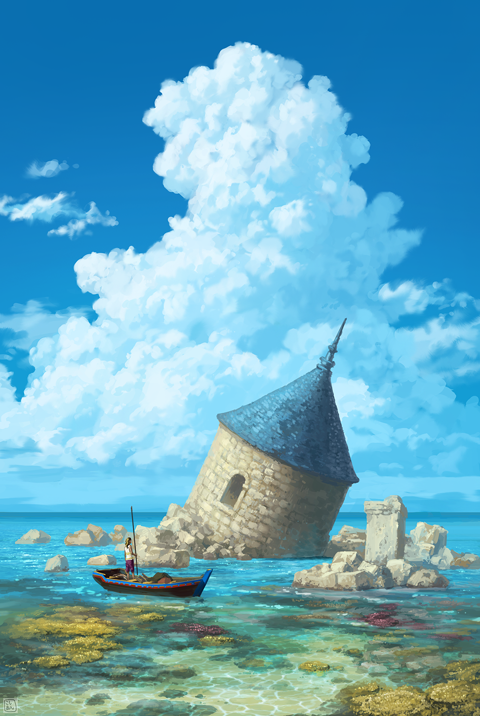 1girl boat cloud commentary cumulonimbus_cloud day highres kosian ocean original outdoors ruins scenery shallow_water sky tower water watercraft