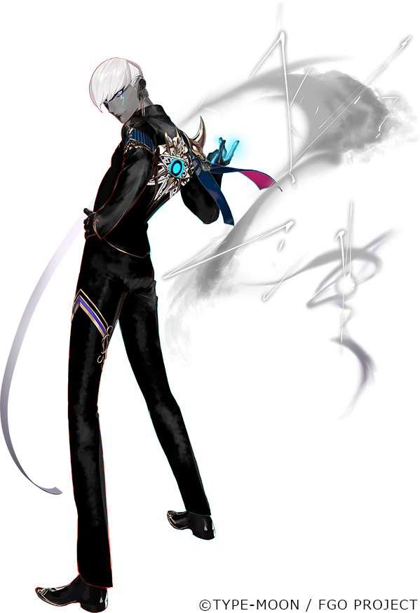 1boy armor black_gloves black_pants black_shirt black_shoes blue_eyes colored_skin copyright_notice dark-skinned_male dark_skin earrings fate/grand_order fate_(series) full_body gloves glowing grey_skin hand_on_own_hip indra_(fate) jewelry lightning_bolt_facial_mark looking_at_viewer looking_back male_focus official_art outline pako_(pakosun) pants pauldrons shirt shoes short_hair shoulder_armor single_pauldron smile solo standing transparent_background white_hair white_outline
