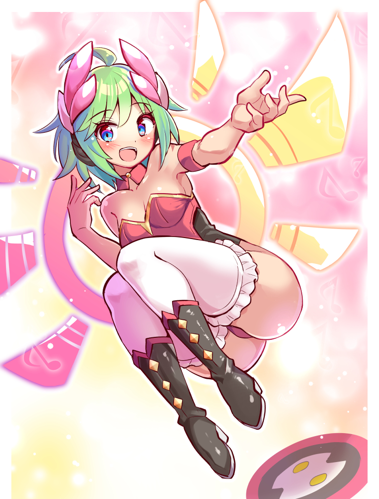 1girl ahoge alternate_costume ass azure_striker_gunvolt bare_shoulders blue_eyes blush boots breasts cameltoe cougar_(cougar1404) green_hair gunvolt_chronicles_luminous_avenger_ix hair_ornament leotard looking_at_viewer medium_breasts open_mouth roro_(gunvolt) short_hair smile solo thigh_boots thighhighs wings