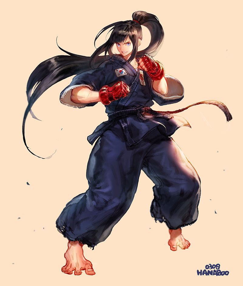 1girl angry artist_name bad_link baggy_pants barefoot belt black_belt black_hair blue_eyes dougi feet fingerless_gloves foot_blush gloves hair_flowing_over hair_ornament hair_scrunchie kim_hana legs_apart original pants parted_lips ponytail red_gloves red_scrunchie scrunchie signature simple_background solo south_korean_flag spread_toes straight_hair third-party_source toenails toes