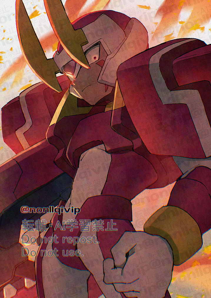 1boy armor cowboy_shot dark-skinned_male dark_skin facial_mark fighting_fefnir_(mega_man) forehead_jewel glowing glowing_eye helmet holding_cannon male_focus mega_man_(series) mega_man_zero_(series) red_armor red_helmet solo twitter_username watermark white_background yamanashi_taiki