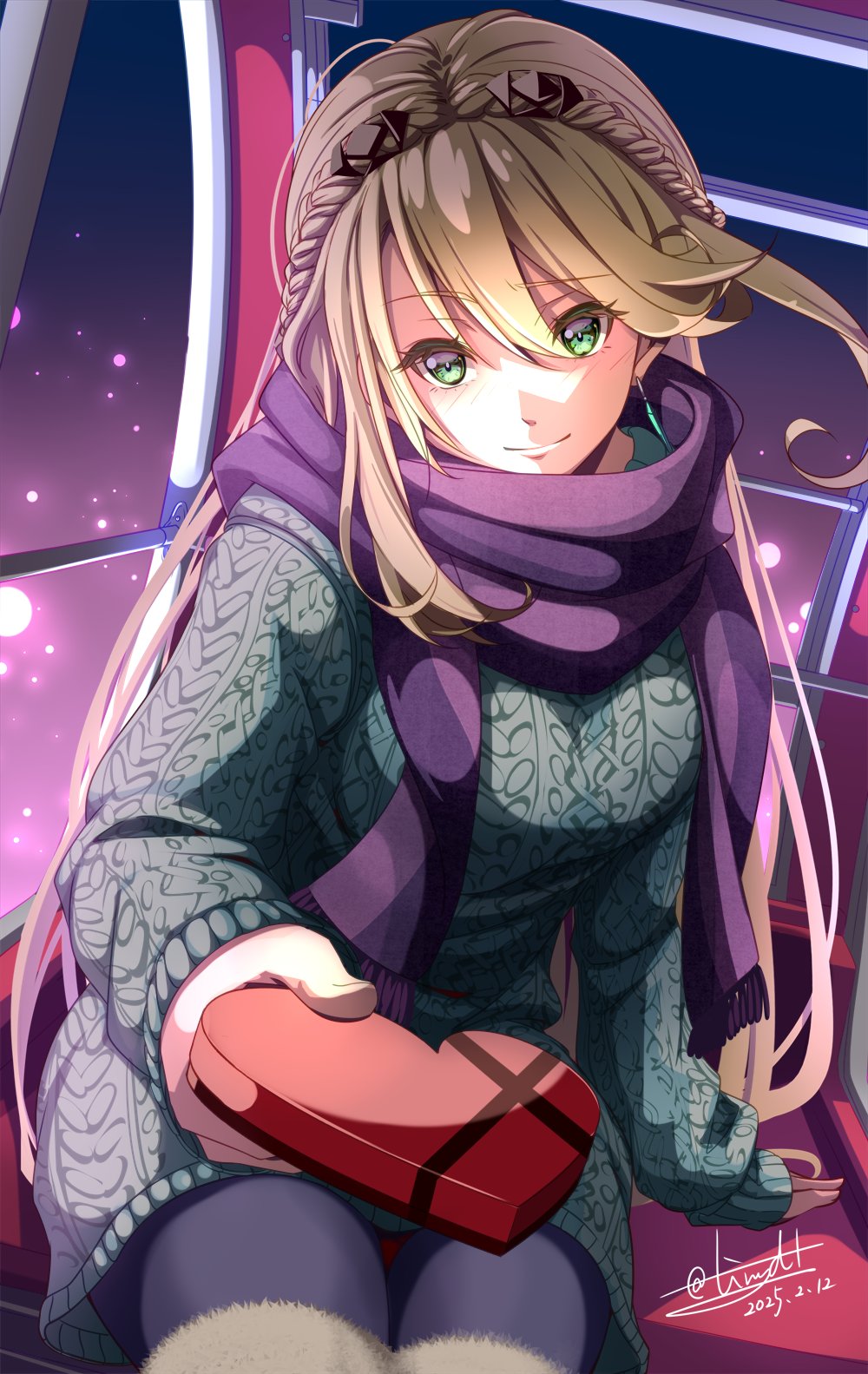 1girl box braid crown_braid dated double-parted_bangs earrings eiyuu_densetsu elaine_auclair ferris_wheel_interior fur_trim gift gift_box hair_between_eyes heart-shaped_box highres holding holding_gift incoming_gift jewelry kuro_no_kiseki_(series) looking_at_viewer scarf signature single_earring sitting smile snowing solo sweater thighhighs tinybiard twitter_username