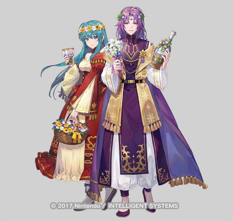 1boy 1girl aqua_hair azu-taro basket bottle breasts cape chalice circlet cup dress eirika_(fire_emblem) eirika_(valentine)_(fire_emblem) fire_emblem fire_emblem:_the_sacred_stones fire_emblem_heroes flower_wreath grey_background head_wreath holding holding_basket holding_bottle juliet_sleeves long_sleeves looking_at_viewer lyon_(fire_emblem) lyon_(valentine)_(fire_emblem) medium_breasts medium_hair nintendo official_alternate_costume official_art parted_lips puffy_sleeves purple_cape purple_hair purple_robe red_dress robe short_hair smile wine_bottle