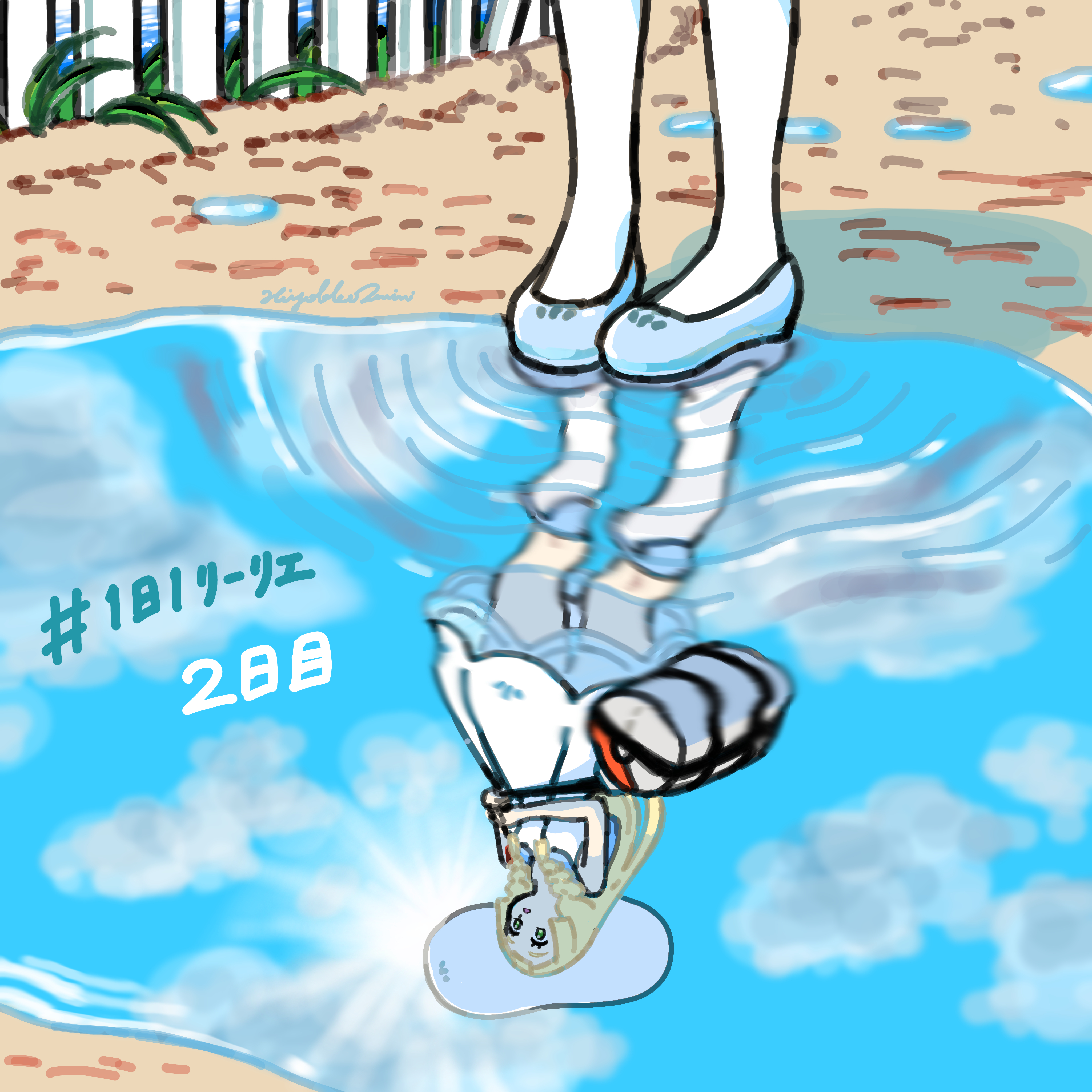 1girl absurdres bag blonde_hair blue_shoes cloud commentary_request day dress duffel_bag fence hat highres hiyokko2min holding_strap lillie_(pokemon) long_hair nintendo outdoors pigeon-toed poke_ball_print pokemon pokemon_sm puddle reflection ripples shoes signature sky socks standing sun_hat water white_dress white_hat white_socks