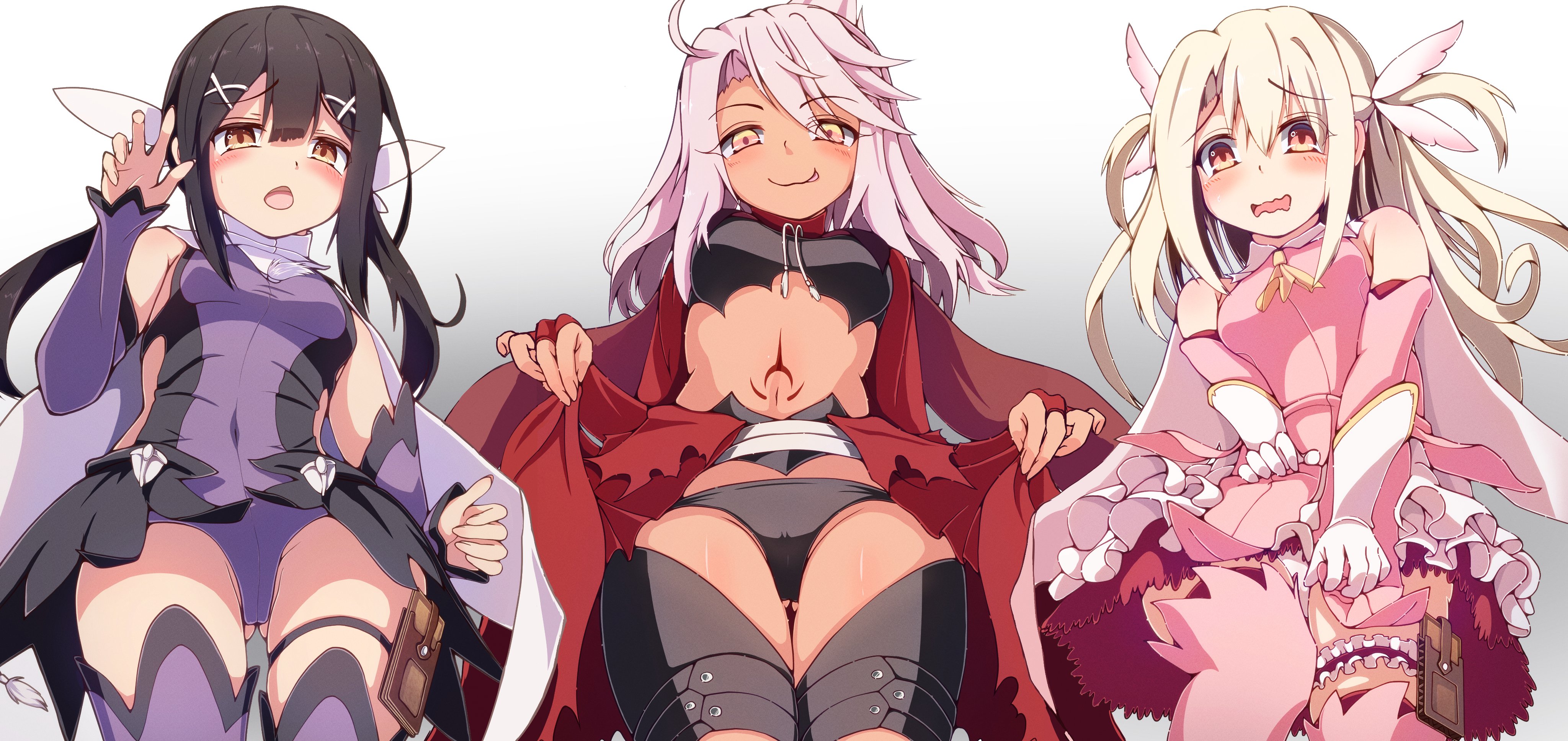 3girls :p absurdres bare_shoulders black_hair black_panties blonde_hair blush breasts bridal_gauntlets brown_hair cameltoe cape capelet chloe_von_einzbern chloe_von_einzbern_(archer_install) dark-skinned_female dark_skin detached_sleeves dress fate/grand_order fate/kaleid_liner_prisma_illya fate_(series) gloves gluteal_fold half_updo highres illyasviel_von_einzbern leotard licking_lips long_hair long_sleeves looking_at_viewer low_twintails magical_girl miyu_edelfelt miyu_edelfelt_(magical_girl) multiple_girls navel nervous orange_eyes panties peisuto pink_capelet pink_dress pink_hair pink_sleeves prisma_illya purple_leotard purple_sleeves red_cape showgirl_skirt shrug_(clothing) sidelocks small_breasts smile stomach_tattoo tattoo thigh_gap thighs tongue tongue_out twintails underwear white_gloves
