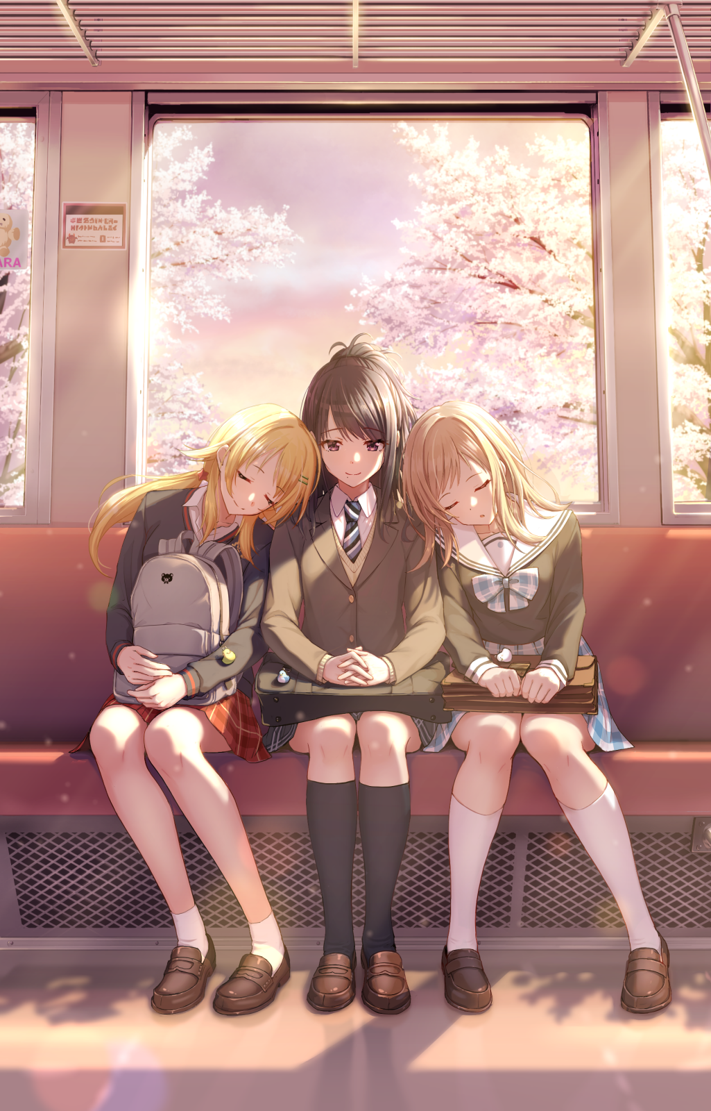 3girls bag black_hair blazer blonde_hair blurry bokeh brown_hair cherry_blossoms depth_of_field full_body hachimiya_meguru happy_birthday highres hugging_object idolmaster idolmaster_shiny_colors illumination_stars_(idolmaster) jacket kazano_hiori kneehighs leaning_on_person light_rays loafers looking_at_viewer macha0331 mole mole_under_mouth multiple_girls necktie own_hands_together plaid_clothes plaid_skirt sakuragi_mano school_bag school_uniform seat shoes sitting skirt sleeping smile socks sunlight train_interior