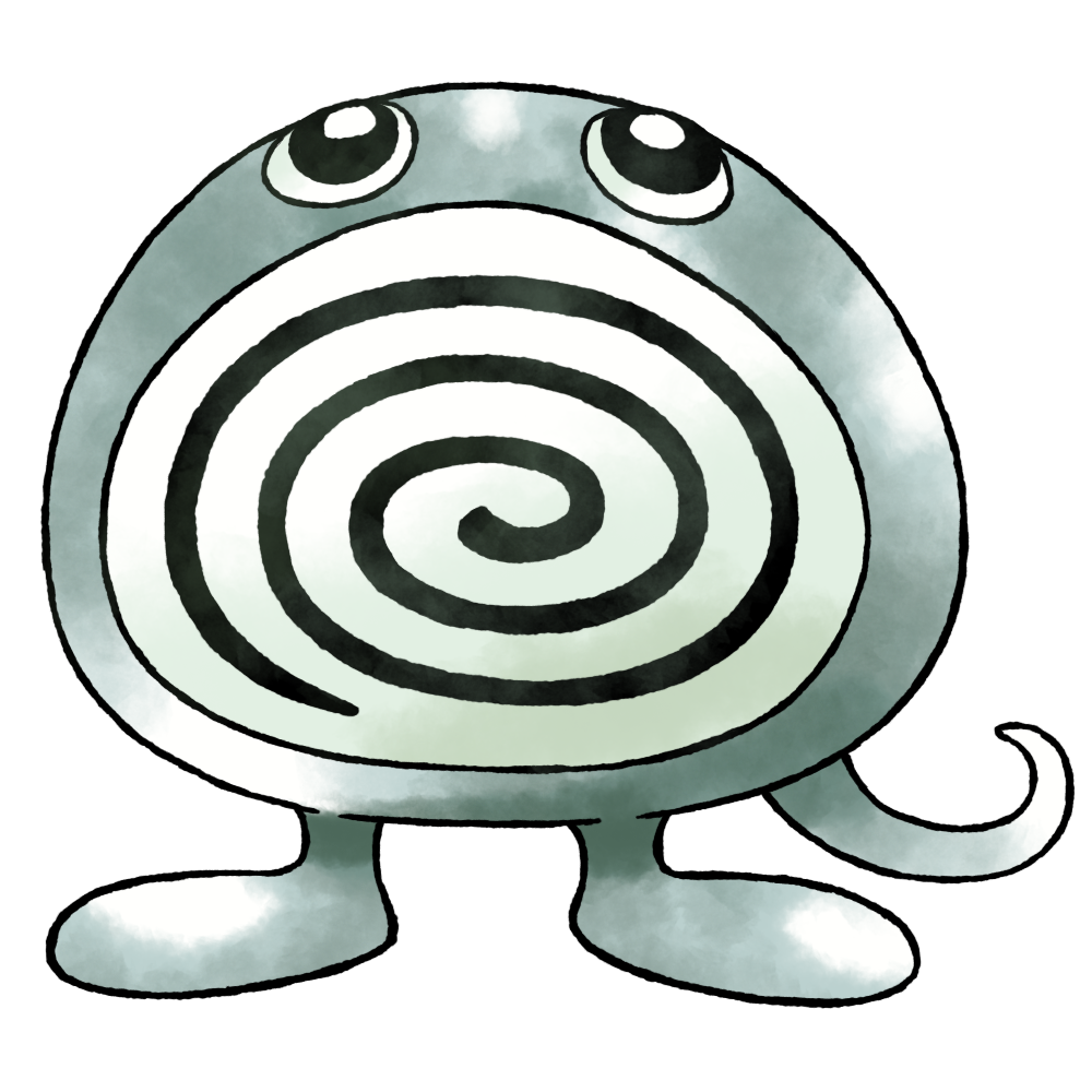 derivative_work full_body gen_1_pokemon grey_theme nintendo no_humans no_mouth no_nose pokemon pokemon_(creature) pokemon_focus pokemon_rgby_(prototype) poliwag prototype_design raciebeep simple_background solo standing straight-on sugimori_ken_(style) swirl tail transparent_background wall-eyed watercolor_effect