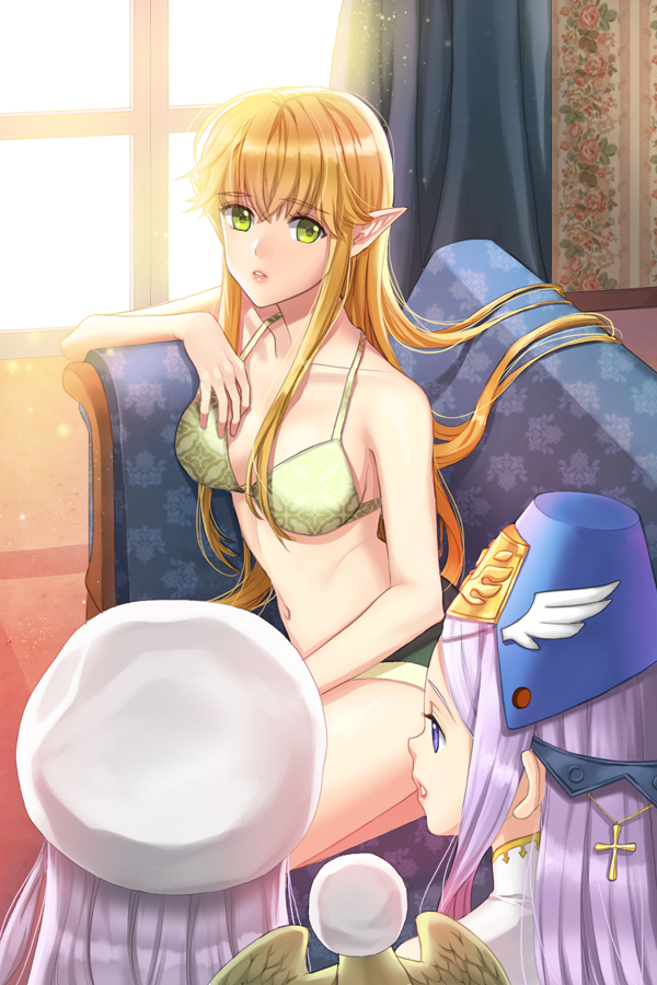3girls bad_id bad_pixiv_id bare_arms bare_legs bare_shoulders bird blonde_hair blue_upholstery bra briska collarbone couch cross eisenwane_(sword_girls) elf green_eyes hat kocchan_(sword_girls) lingerie long_hair midriff multiple_girls navel open_mouth panties parrot patterned_upholstery pointy_ears purple_eyes purple_hair sigmund_(sword_girls) sitting sword_girls treanna underwear underwear_only wings