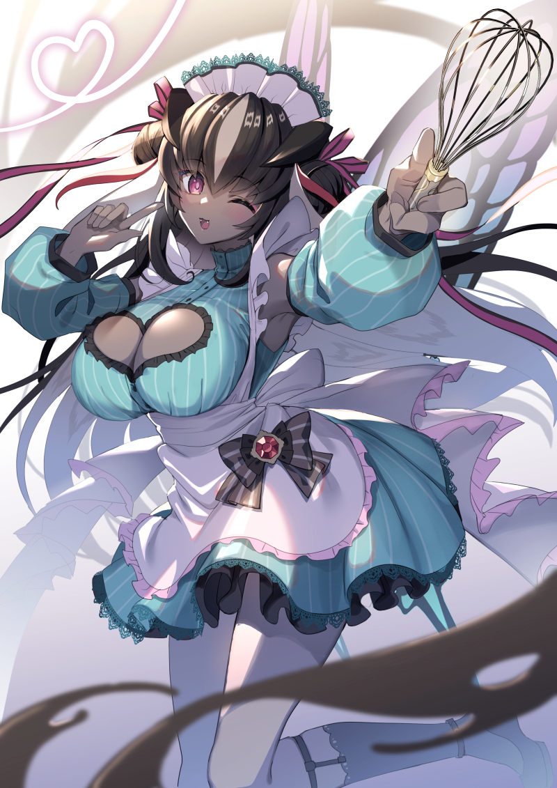 1girl apron aqua_shirt aqua_skirt black_hair breasts cleavage_cutout clothing_cutout dark-skinned_female dark_skin detached_sleeves eden&#039;s_ritter_grenze heart_cutout koikawa_minoru large_breasts looking_at_viewer one_eye_closed pink_eyes shirt skirt smile solo striped_clothes striped_shirt striped_skirt striped_sleeves whisk