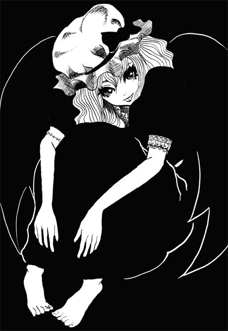 1girl barefoot dress fang feet female_focus full_body greyscale hat monochrome remilia_scarlet ryu_(gaquarium) smile solo touhou