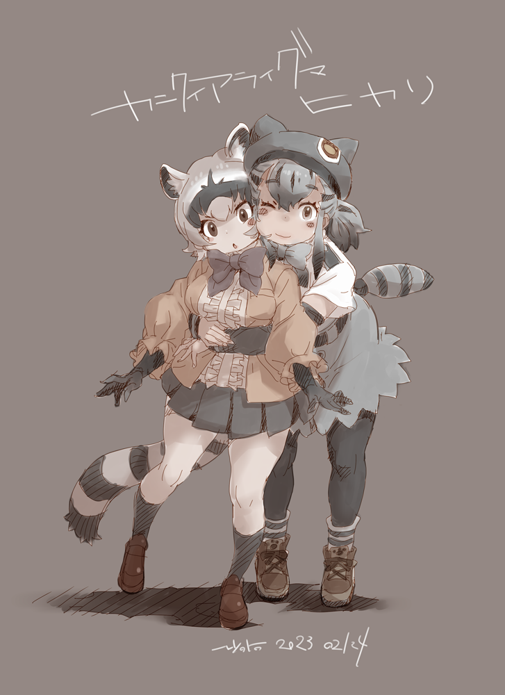 2girls animal_ears black_gloves black_pantyhose black_socks blue_skirt blush boots bow bowtie brown_footwear center_frills commentary_request crab-eating_raccoon_(kemono_friends) detached_sleeves elbow_gloves frilled_skirt frilled_sleeves frills full_body gloves grey_hair height_difference high-waist_skirt hikari_(kemono_friends) hug hug_from_behind jacket kemono_friends kemono_friends_3 loafers long_sleeves looking_at_viewer multicolored_hair multiple_girls nyororiso_(muyaa) one_eye_closed open_clothes open_jacket orange_jacket pantyhose puffy_sleeves purple_bow purple_bowtie raccoon_ears raccoon_girl raccoon_tail shirt shoes short_hair short_sleeves skirt socks t-shirt tail translated two-tone_hair white_shirt