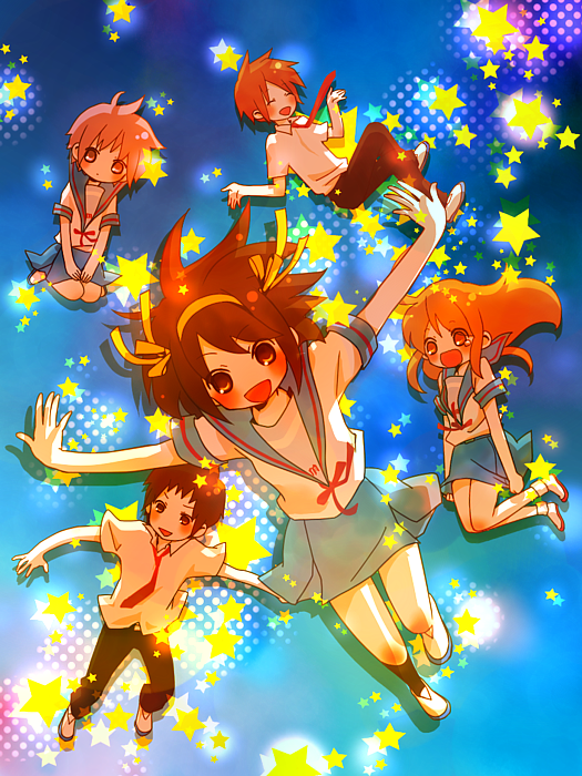 00s 2boys 3girls asahina_mikuru bad_id bad_pixiv_id freefall koizumi_itsuki kyon moffunnyo multiple_boys multiple_girls nagato_yuki school_uniform serafuku star_(symbol) suzumiya_haruhi suzumiya_haruhi_no_yuuutsu