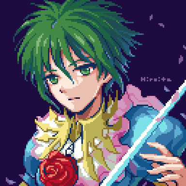 1girl asellus_(saga_frontier) blue_dress closed_mouth dress falling_petals flower green_hair hair_between_eyes hiroita holding holding_sword holding_weapon looking_at_viewer lowres petals pink_petals pixel_art portrait puffy_short_sleeves puffy_sleeves red_flower red_rose rose saga saga_frontier short_hair short_sleeves signature solo sword weapon