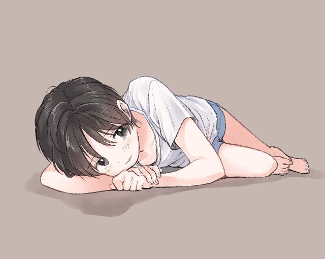 1boy barefoot black_eyes black_hair boxers child feet grey_background lying male_focus male_underwear on_side original piko_(pixiv) shirt short_hair simple_background solo t-shirt underwear