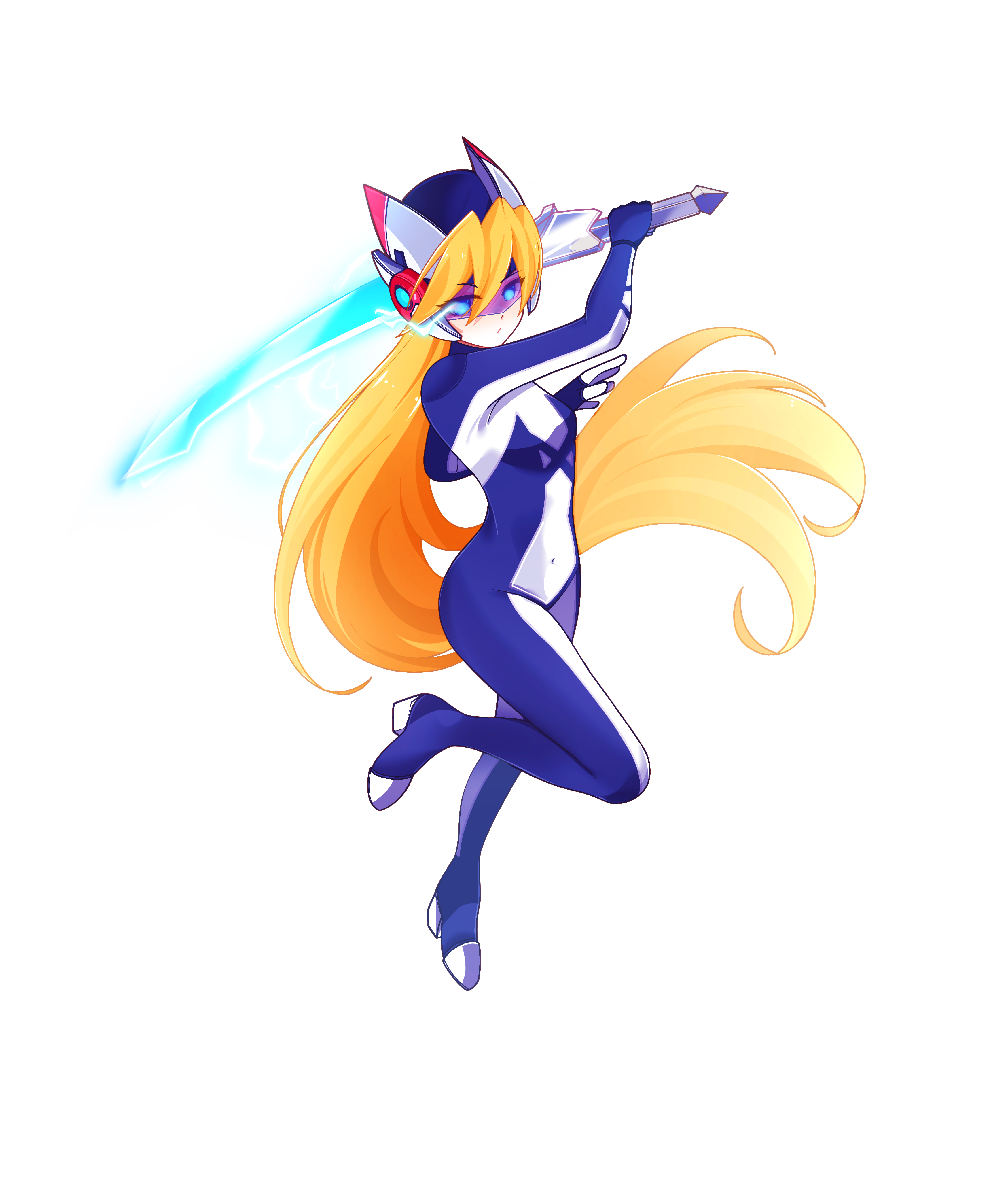 1girl absurdres aizeis alternate_costume alternate_hairstyle attack blonde_hair bodystocking boots breasts ciel_(mega_man) commission commissioner_upload covered_navel elbow_gloves energy_sword fighting_stance gloves glowing glowing_eyes hair_down helmet high_heels highres jumping long_bangs long_hair looking_at_viewer mechanical_ears mega_man_(series) mega_man_zero_(series) mega_man_zx model_z_(mega_man) no_armor non-web_source petite shorts slashing small_breasts spinning sword thighs weapon