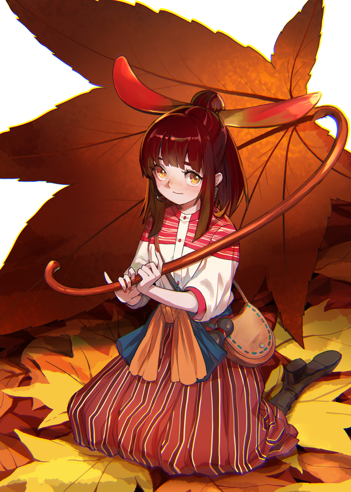 1girl autumn autumn_leaves bad_id bad_pixiv_id bag blush boots brown_eyes brown_hair embarrassed female_focus hair_ornament hakama hakama_skirt high_ponytail japanese_clothes kneeling leaf leaf_umbrella light_smile long_hair maple_leaf mini_person minigirl nail_polish nightmare-kck obi original ponytail red_nails sash satchel sidelocks skirt solo striped_legwear taishou_era