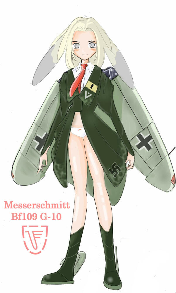 1girl aircraft airplane bf_109 blonde_hair blush boots bottomless bow bow_panties character_name emblem empty_eyes female_focus long_hair mecha_musume military nano_(nanosize) necktie no_nose original panties simple_background smile solo underwear white_background world_war_ii